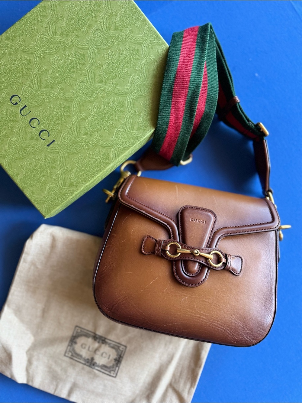 Gucci Brown Leather Shoulder Bag with Green-Red Web Strap